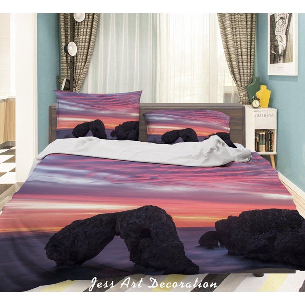 3D Sunset Sky Sea Rock Funda nórdica Set Ropa de cama Set Funda nórdica Fundas de almohada 141