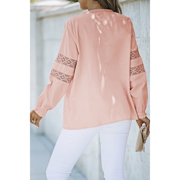ABPHQTO Camisa de mujer de manga larga con botones de croché de encaje rosa