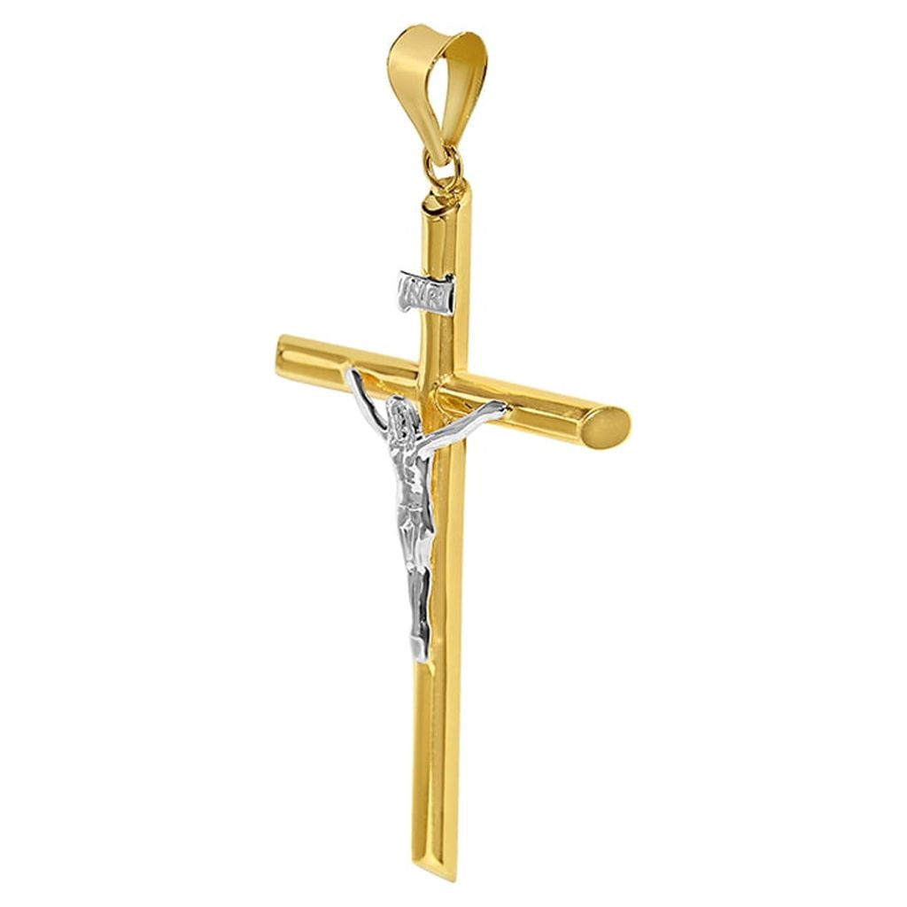 Precious Stars 14K Two-Tone Solid Gold Crucifix Religious Unisex Pendant with 22" Chain Necklace