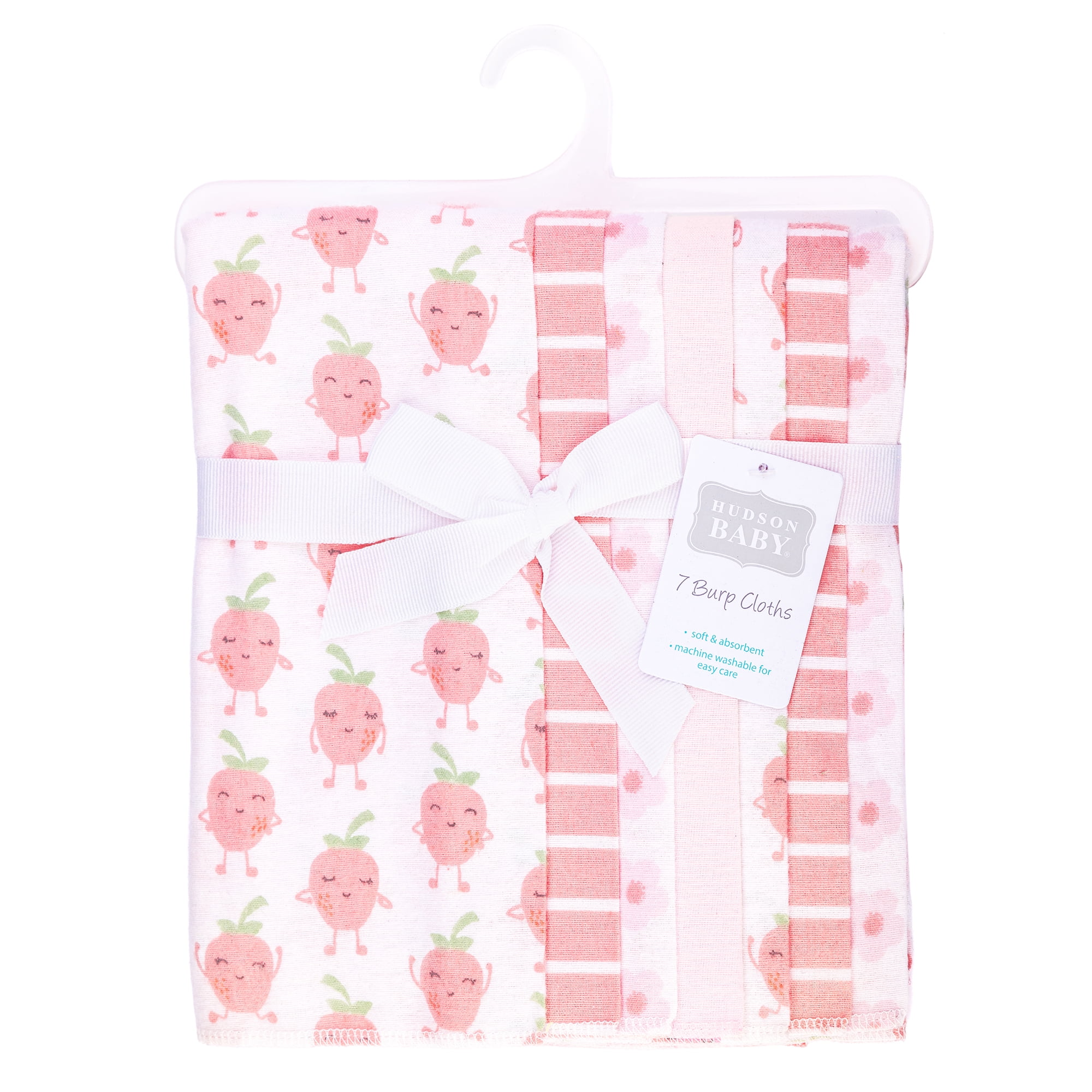 Hudson Baby Girl Cotton Polyester Flannel Burp Cloths 7-Pack, Happy Strawberries, One Size