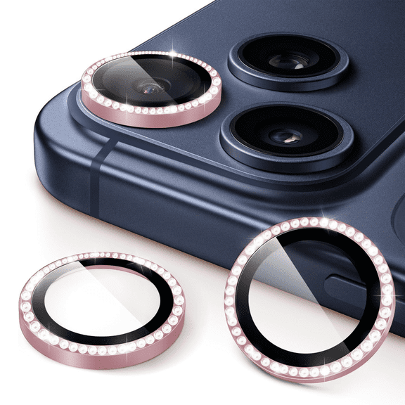 Mica Aros Cámara Glitter Brillo Diamantes Rosa Para iPhone 17 Pro/17 Pro Max, Protector de Lente Mica (Aros) compatible con iPhone 17 P/17 PM - Vidrio Templado y Borde Diamantes.
