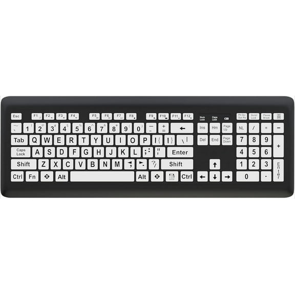 Wireless Large Print Full Size Computer Keyboard | High Contrast Black & White Keys | Soft Buttons