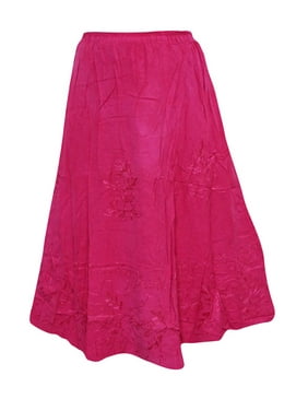 Mogul Women's Indian Skirt Pink Floral Embroidered Rayon Skirts