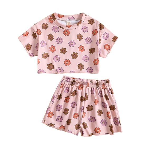Toddler Baby Girl Short Set 6M 12M 18M 24M 3Y 4Y Floral Print Short Sleeve T-Shirt Crop Top and Shorts Casual Clothes Outfit