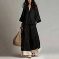 thumbnail image 2 of Costeam Womens Solid Linen Blend Two Piece Outfit V Neck Three Quarter Sleeve Crop Top Contrast Cuff Wide Leg Full Length Pants Loose Fit Casual Bohemian Co Ord Set, 2 of 5