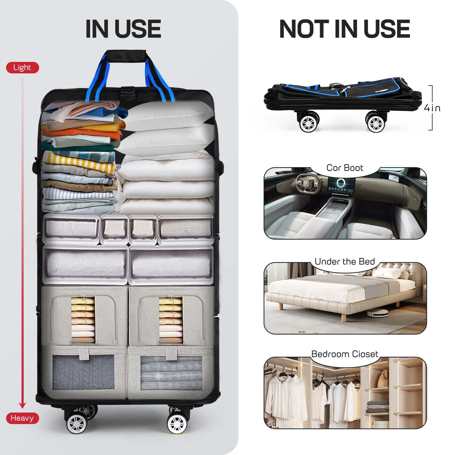 30" Expandable Foldable Luggage Bag,Collapsible Suitcases with Wheels,Lightweight Rolling Duffle Bag for Travel, Moving, Home Storage, Blue/Trim, MEX