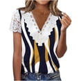 thumbnail image 2 of Xdegoge Blouse for Women V Neck Short Sleeve Casual Fashion Abstract Stripe Print Contrast Lace V Neckline Mesh Hollow Out Crochet Trim Lightweight Summer Tops, 2 of 5