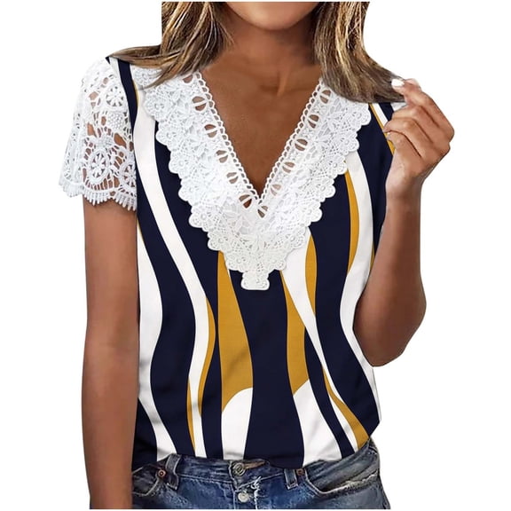 Cloaraye V Neck T Shirts for Women Summer Tops Lace Patchwork Short Sleeve Shirts Casual Loose Floral Printed Boho Tops, Gifts for Women