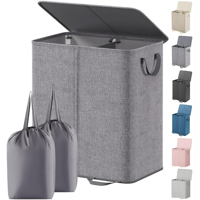 Cesta Doble para Ropa Sucia con Tapa y Bolsas de Lavandería Extraíbles, 136L Grande Plegable Cesta de Lavandería con 2 Compartimientos y Asas para Dormitorio, Baño, Cuarto de Lavado, Gris