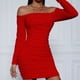 thumbnail image 2 of TaTaai Ladies Off Shoulder Long Sleeve Pleated Bodycon Dress Solid Color Elegant Slim Fit Stretch Fabric Comfortable Dress for Spring Summer Party Vacation and Daily Wear Gift, 2 of 5
