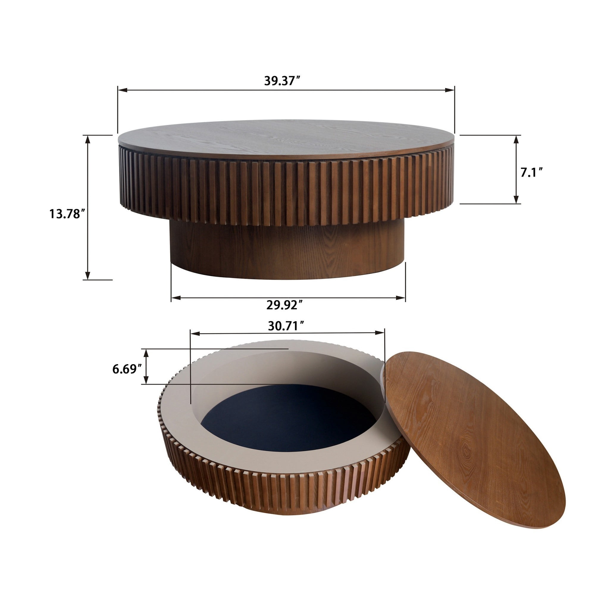 39.37" Round Coffee Table with Storage, Fluted Modern Coffee Table with Hidden Storage, Wood Veneer Center Table for Living Room, Walnut