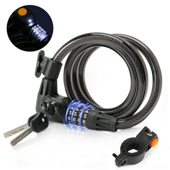 Bike Lock, Bicycle Lock Cable with Combination & Key, LED Light, 4 Feet Coiled Secure Resettable Bike Combination Lock with Mounting Bracket for Bikes and Scooters