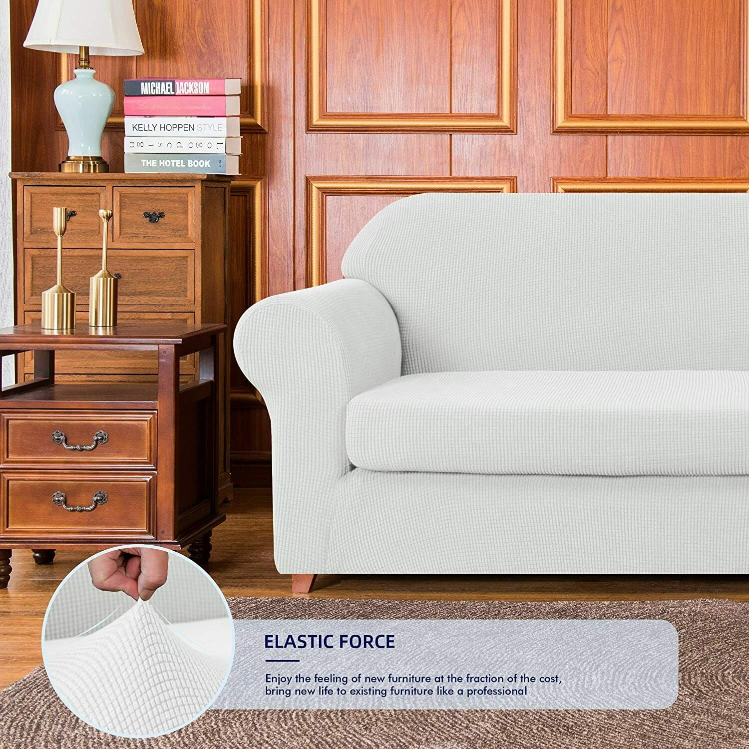 Subrtex Stretch 2-Piece Textured Grid Sofa Slipcover Jacquard Non Slip Couch Cover (Off-White, Armchair)