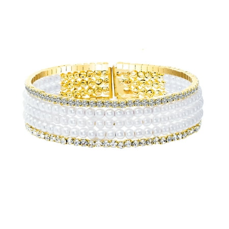 Lesa Michele Womens Simulated Pearl and Cubic Zirconia Border Multi Strand Bracelet in Yellow Gold Plated Brass
