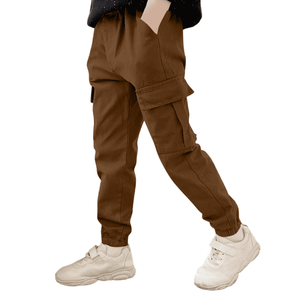 LIJCC Girls' Solid Color Cargo Pants Summer Fashion Elastic High Waist Wide Leg Baggy Multi-Pocket Cargo Sweatpants Casual Jogger(Coffee,11-12 Years)