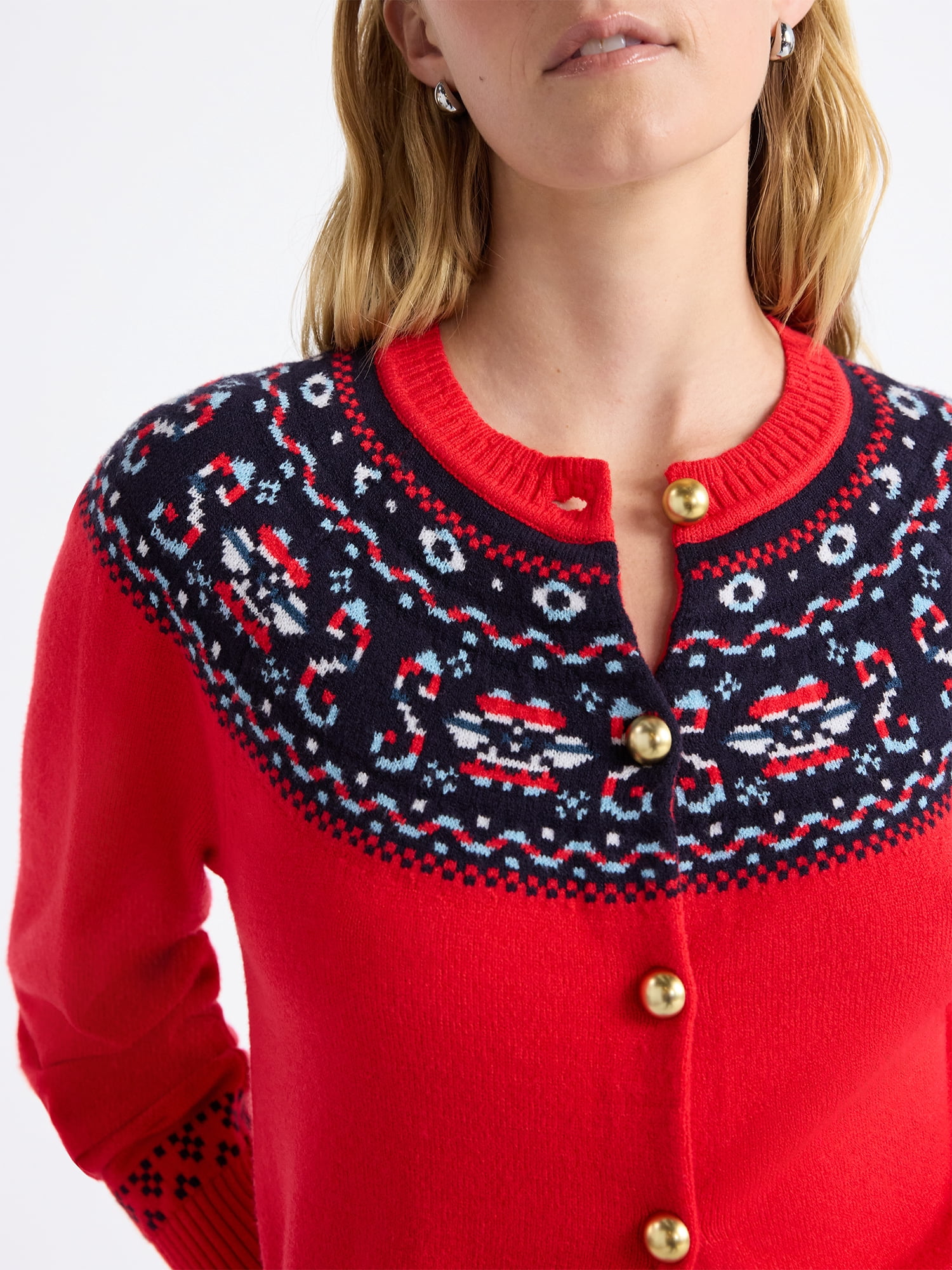Free Assembly Women's Cozy Yarn Fair Isle Cardigan Sweater, Midweight, Sizes XS-XXL