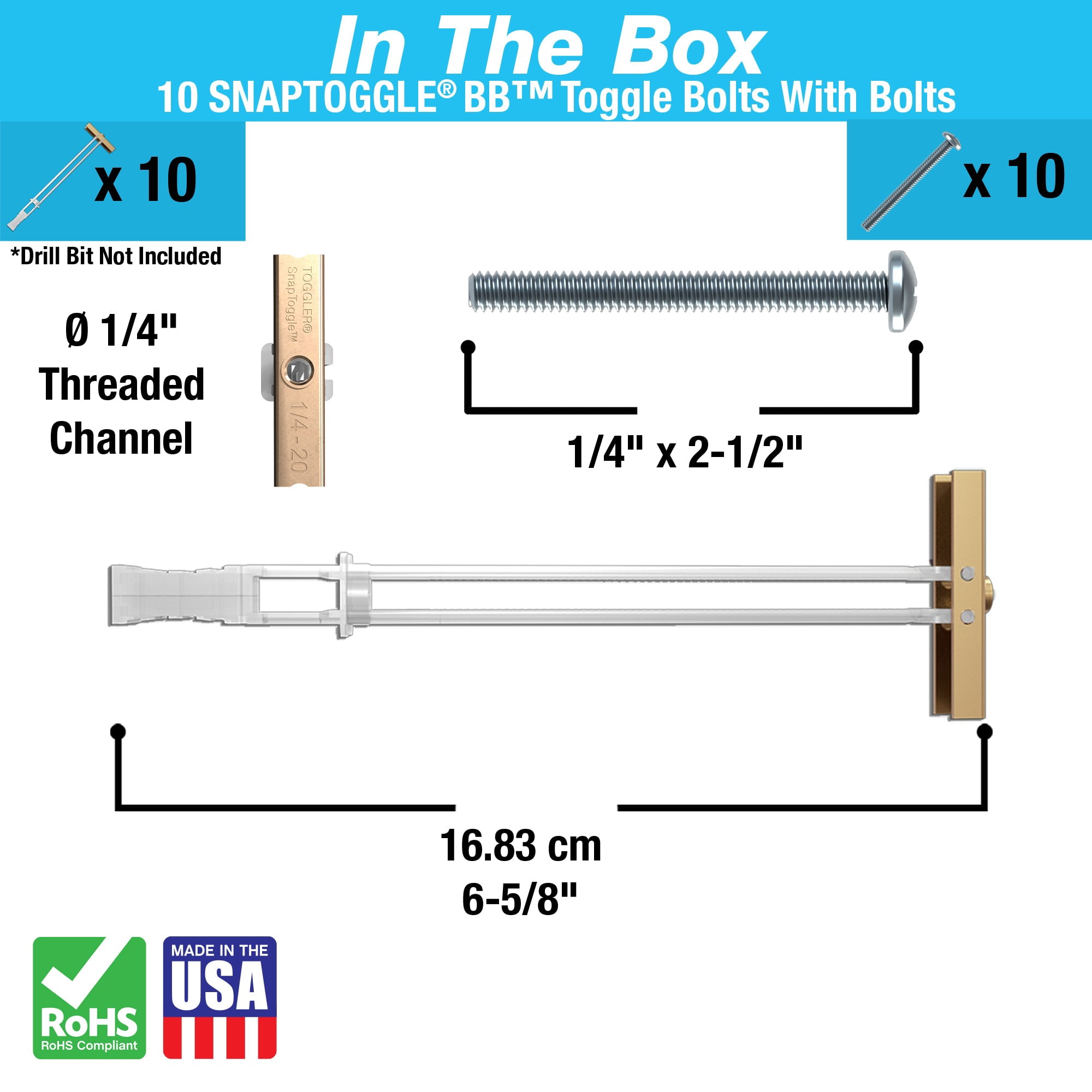 TOGGLER SnapToggle BB 1/4" Toggle Bolts with 2-1/2" Galvanized Combo Head Screws, Heavy Duty Anchors, 265 lb Drywall (Pack of 10 Screws Included)