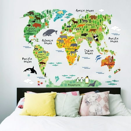 Map Mural - Colorful Animal World Map Wall Sticker Home Decal Kids Room Mural Wall Art Decor Removable