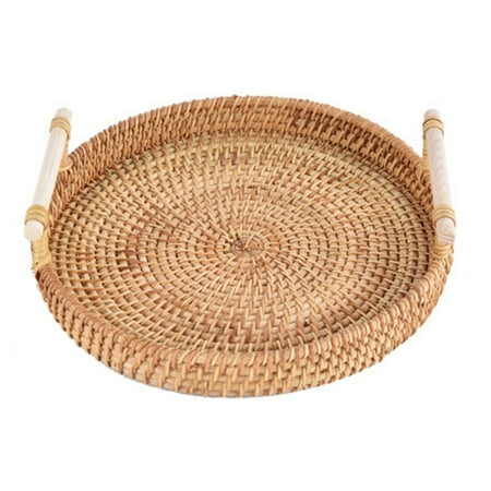 

WELPET Handwoven Rattan Storage Tray with Wooden Handle Round Basket Bread Food Plate Fruit Cake Platter Dinner Serving Tray B