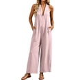 thumbnail image 2 of 1950s Retro High-Waisted Linen Sleeveless Jumpsuit Deep V-Neck Wide-Leg, 2 of 9