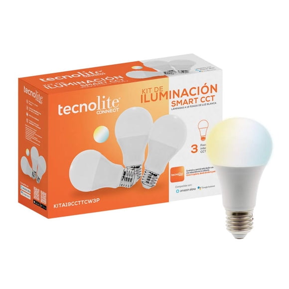 Tecnolite Connect - Paquete 3 Focos Inteligentes Luz Blanca WiFi y Bluetooth, Comp. Alexa, App Connect, Glow Smart, Iluminación blanca, cálida, fría, Iluminaci&oac