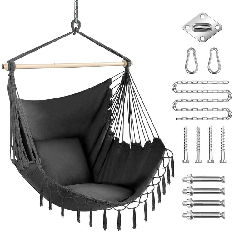Hammock Chair Hanging Swing 2 Seat Cushions Included, Durable Spreader Bar  Soft Cotton Weave Hanging Chair Side Pocket Large Tassel Chair Set Foot Rest  Support Calf Foot Extra Comfortable -Grey 