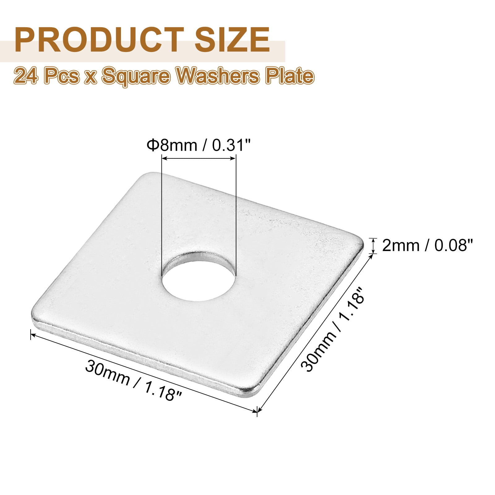 M8x30x2mm Square Washers, 24pcs Square Plate Washers Square Strut Washer Bearing Plate 304 Stainless Steel Flat Pad Spacer Hardware Fastener Nut Bolt Gasket