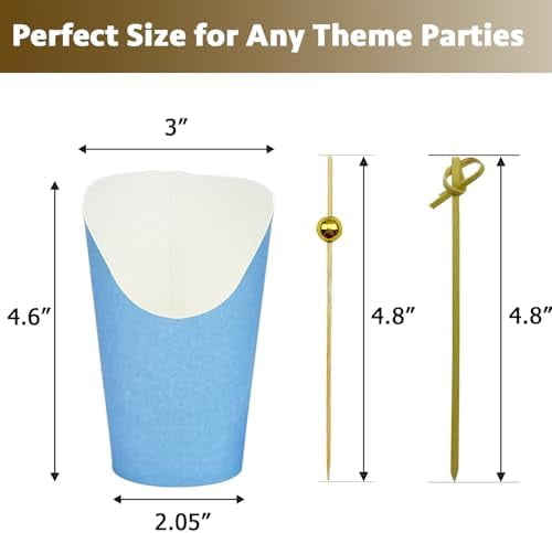 50 Charcuterie Cups + 200 Cocktail Picks + 56 Labels, 12 oz Disposable Charcuterie Cups with Sticks (2 Types), French Fry Cup Blue Paper Appetizer Cup for all Occasions (Blue)