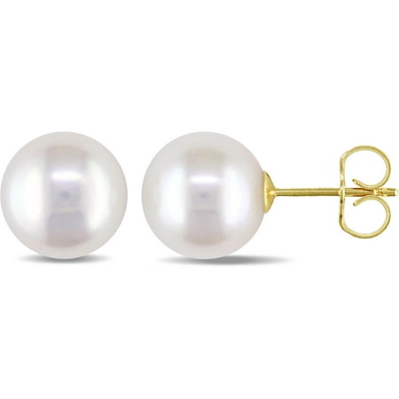 Miabella 9-9.5mm White Round Cultured Freshwater Pearl 14kt Yellow Gold Stud Earrings