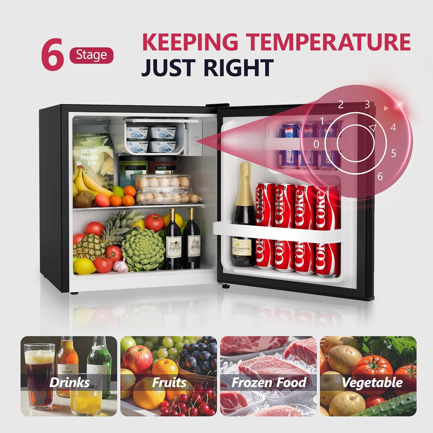 1.7 Cu.Ft Mini Fridge with Freezer, Single Reversible Door Compact Refrigerator, Adjustable Thermostat&Energy Saving for Bedroom, Dorm, Office, Low Noise, Black