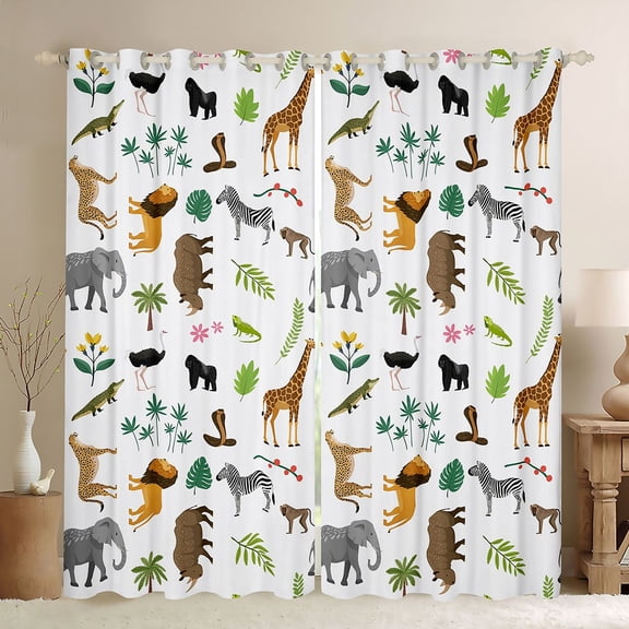 Manfei Zoo Giraffe Lions Curtains Pack of 2 (42x84 Each),Wild Animal Zebra Curtains Blackout,Green Monstera Leaf Bedroom Curtains For Boys Kids,Luxury Bedroom Decor