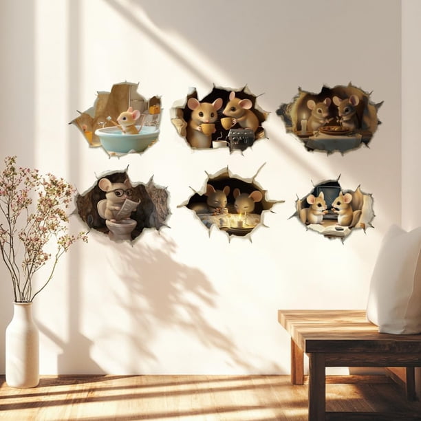 3 pegatinas de pared con dibujos animados de un pequeño ratón, para decorar el hogar, el paisajismo y el fondo.