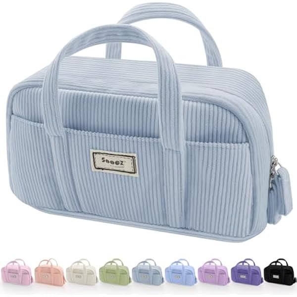 wonima02 Large Pencil Case Pouch, Extra Big Pencil Bag with 5 Compartments, Pen Bag Wide Opening, Soft Corduroy Pencil Pouch Organizer with Zipper, Cute Aesthetic School Supplies for Teen Girls-Blue