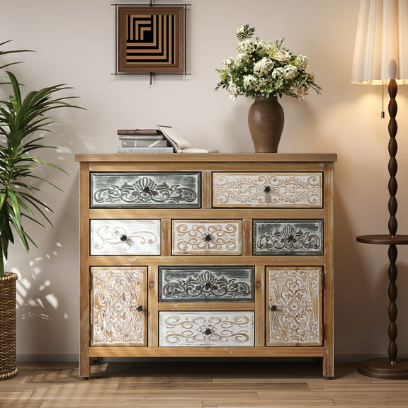 Vintage Wooden Accent Chest with 7 Drawers & 2 Cabinets, Rustic Multicolor Carved Farmhouse Storage Dresser for Living Room/Bedroom/Entryway, 39.37"L x 13.78"W x 36.22"H