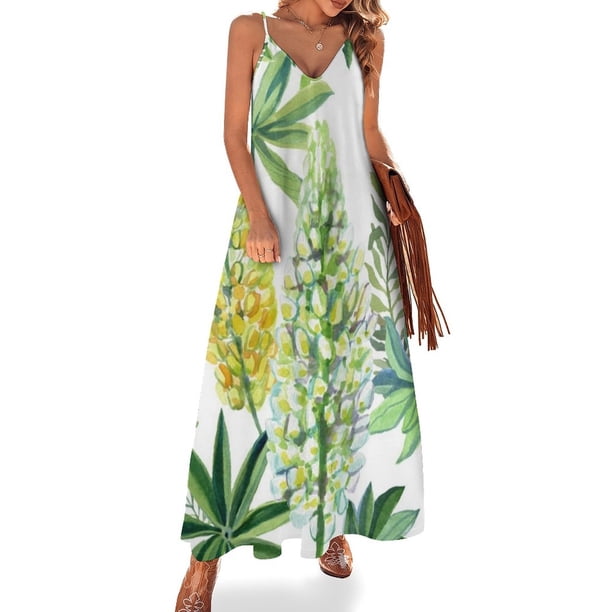 Flores de verano - Vestido largo sin mangas de color amarillo y verde lupino, ropa de verano para mujer