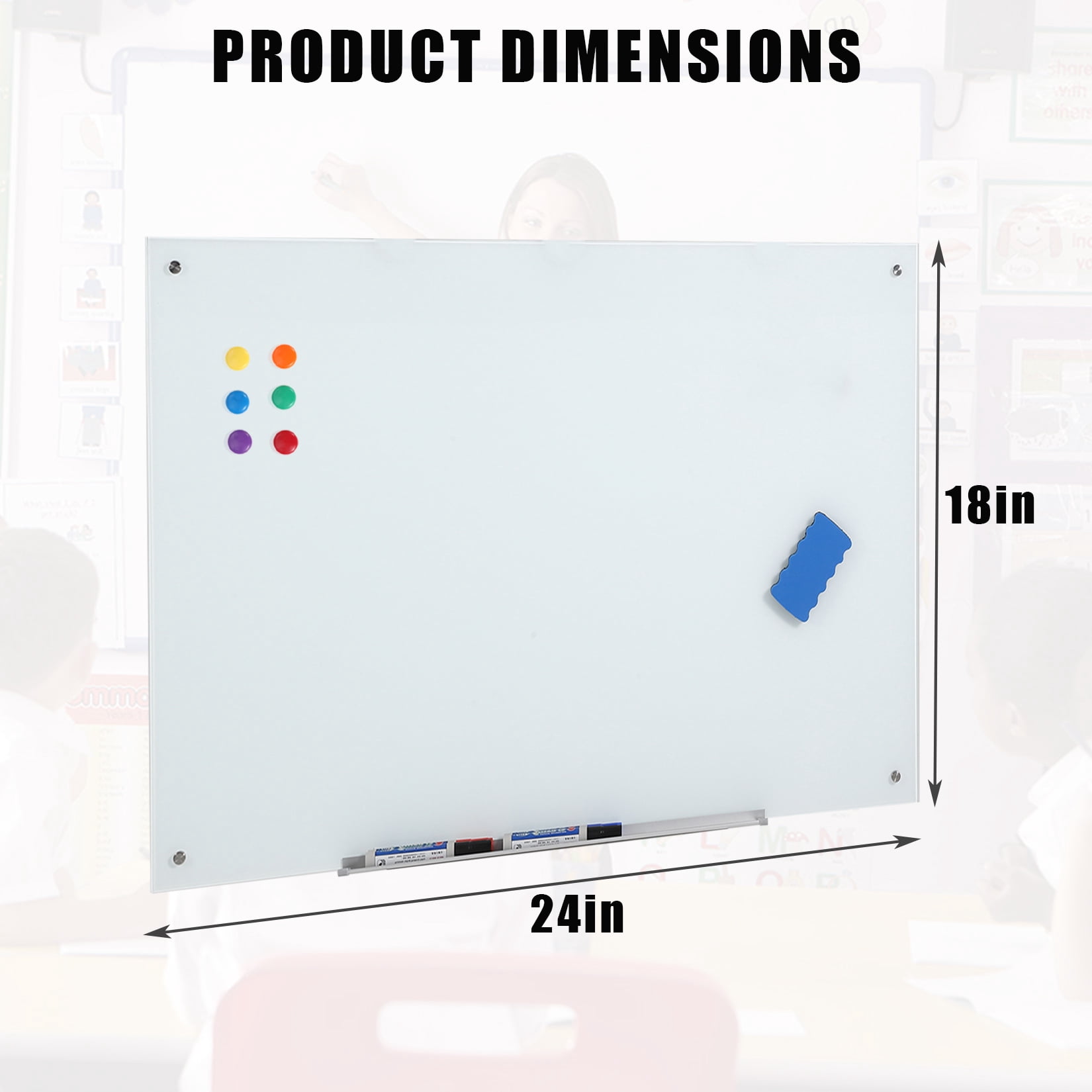 Magnetic Glass Whiteboard Frameless Dry Erase Board with 6 Strong Magnets, Tempered Glass Writing Board for Office, Home & School, White, 23.6" x 17.7"
