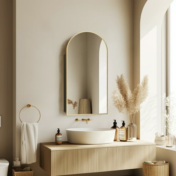 Arched Medicine Cabinet with Mirror,Bathroom Mirrors for Over Sink with Storage,Wall Mounted Medicine Cabinet with 2 Power Outlets Charging Station,Adjustable Shelf, 20X34 Inch,Gold