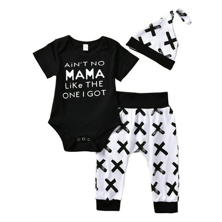 

Newborn Baby Boys Girls Handsome Just Like Dad Short Sleeve Romper Jumpsuit+Black Pants +Hat Summer Outfits
