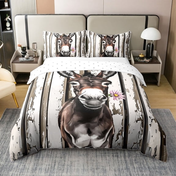 Erosebridal Animal Donkey 100% Cotton Duvet Cover Queen Size,Lodge Farmhouse 100% Cotton Comforter Cover Queen,Botanical Flower 100% Cotton Duvet Cover Queen Size,Reversible,3-Piece(No Comforter)