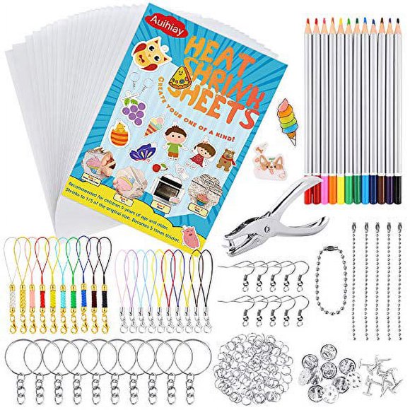 Auihiay 198 Pieces Shrink Plastic Kit Include 20 Sheets Shrinky Art Paper, Hole Punch, Keychains Accessories and Pencils for DIY Ornaments or Creative Craft
