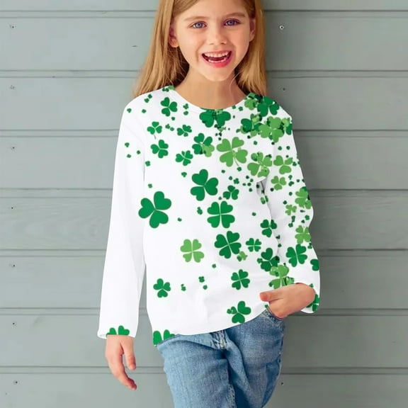 Spazoro Child Girls St. Patrick's Shirts Tee, Heart Print Long Sleeve Crew Neck Casual Pullover Tops for Kids Girls Green Size 9 T