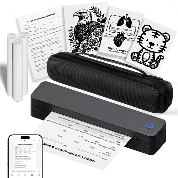 Inkless Portable Printer for Travel, Wireless Thermal Printer Supports 8.5 x 11 Inch Thermal Paper, Bluetooth Machine Includes Carry Case and 3 Rolls of Paper Kit, Black