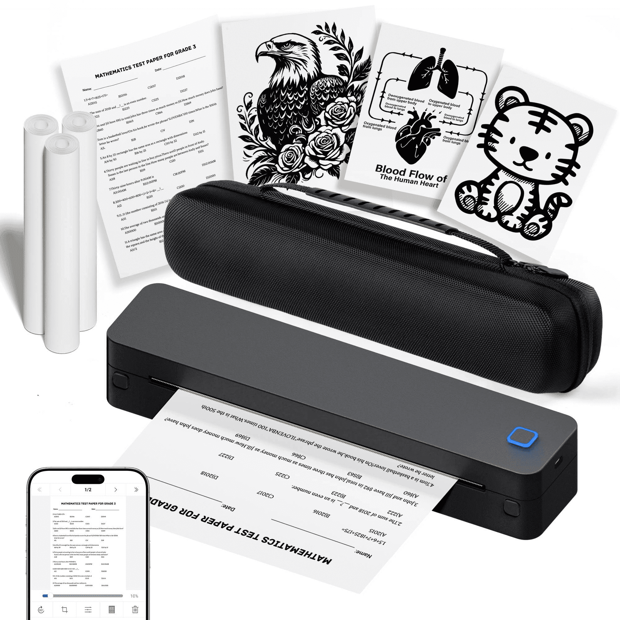 Inkless Portable Printer for Travel, Wireless Thermal Printer Supports 8.5 x 11 Inch Thermal Paper, Bluetooth Machine Includes Carry Case and 3 Rolls of Paper Kit, Black