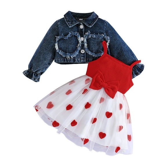 SUYOLL Toddler Girls Outfits Sets Long Sleeve Denim Jacket with Bow Tie Heart Print Dress Casual Fall Clothes 6 Months-3 Years Casual Chic Dress