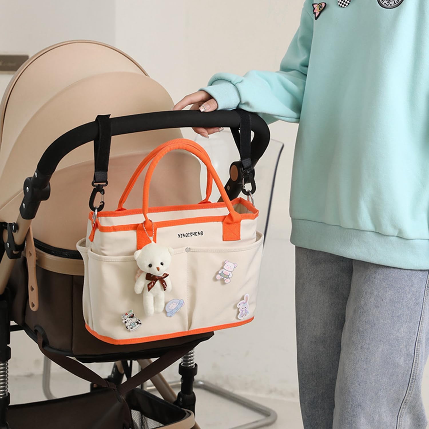 Diaper Bag Baby Tote Large Capacity Baby Changing Bag with Insulated Pockets Stroller Straps, Bear Pendant