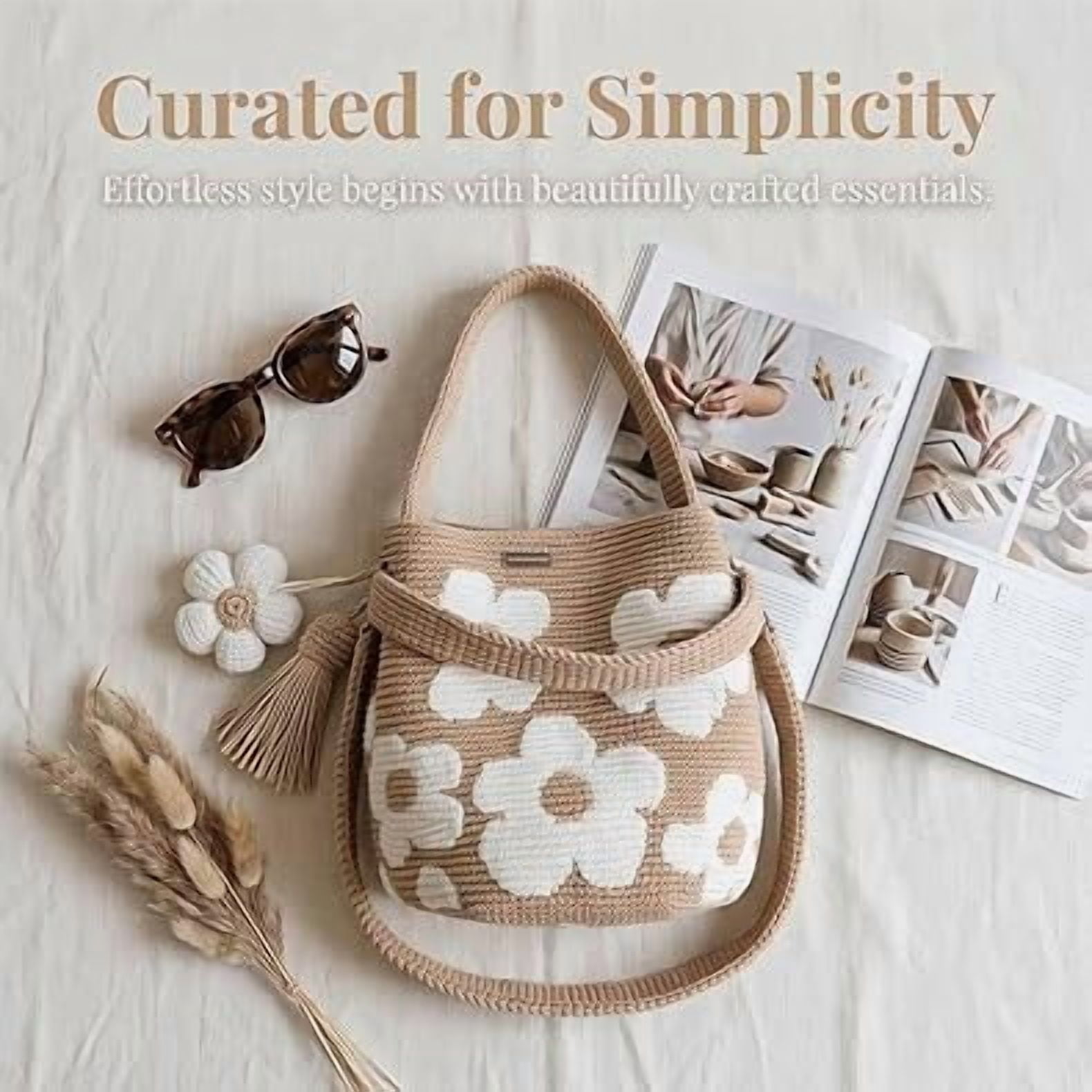 Crochet Flower Tote Bag, Knit Shoulder Bag