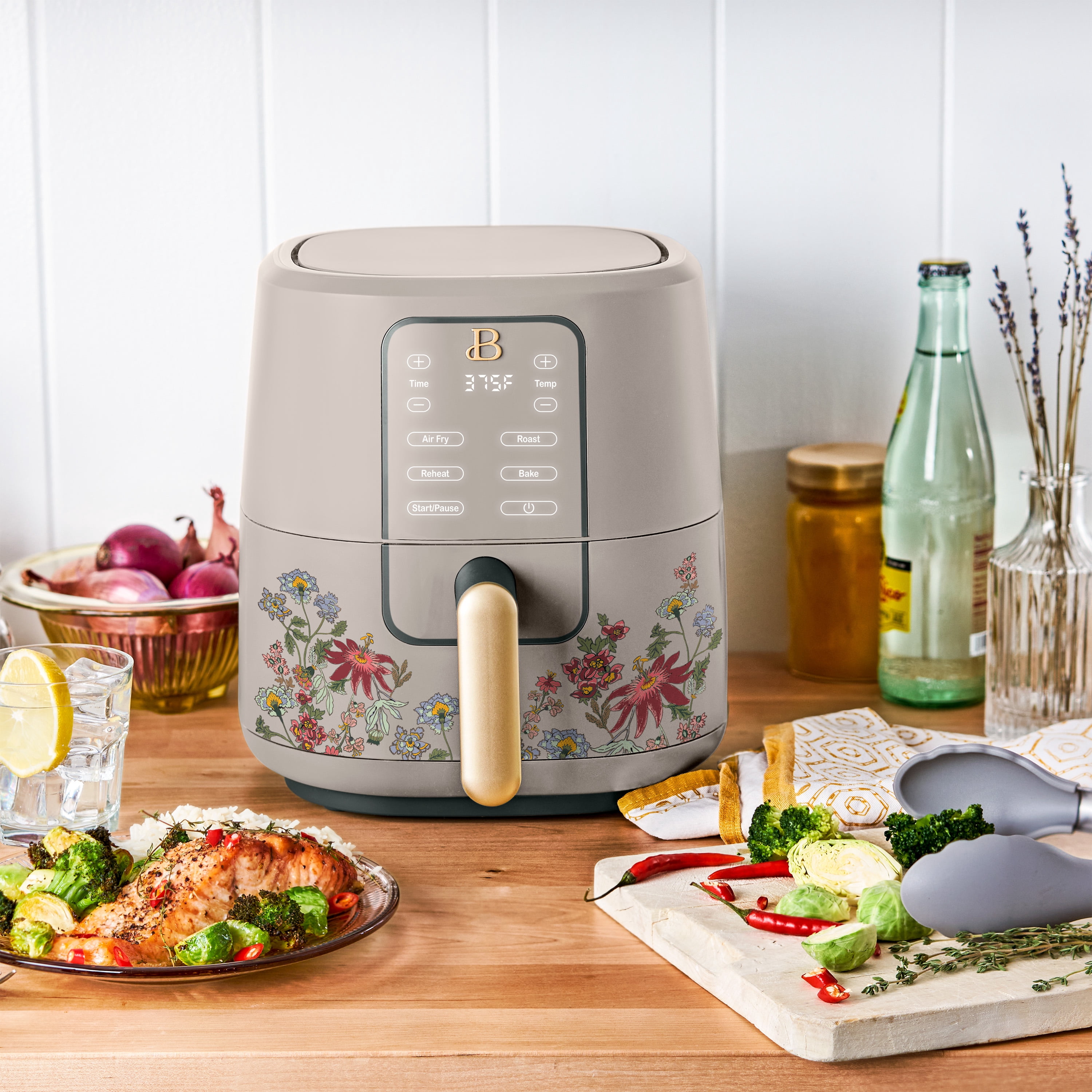 Beautiful 3 Qt Air Fryer with TurboCrisp Technology, EverGood Ceramic Nonstick Coating, Wildflower Porcini Taupe by Drew Barrymore