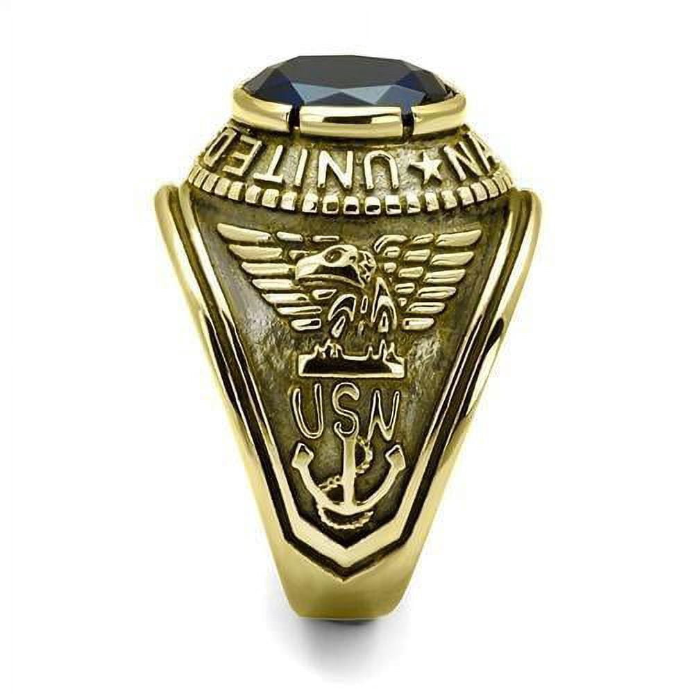 US Navy Ring for Men and Women Unisex Stainless Steel Military Patriotic Ring in Gold with Blue Stone