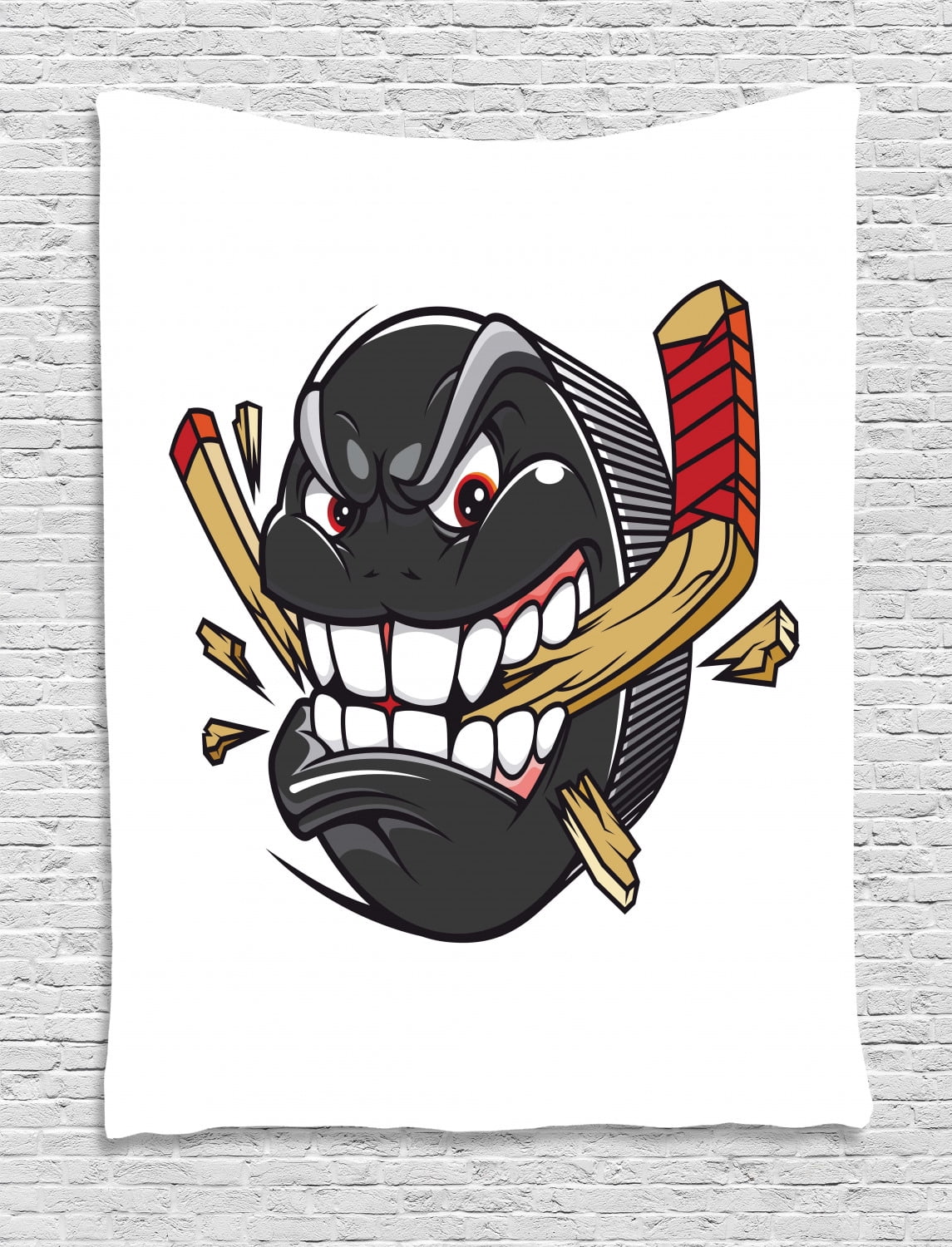 Hockey Tapestry, Cartoon Hockey Puck Bites and Breaks Hockey Stick