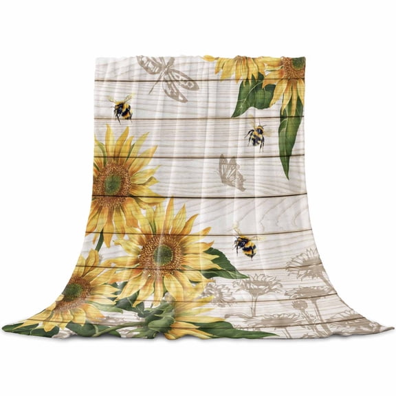 Flannel Throw Blanket for Couch Sofa Bed,Farm Sunflower Bee Dragonfly Soft Cozy Warm Fuzzy Blanket 60x80in